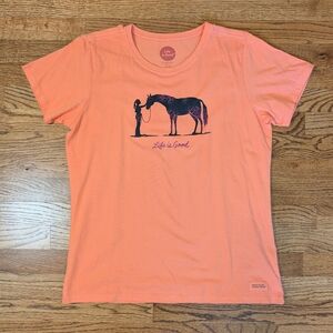 Life is Good Women’s Tee Horse Graphic Peach Orange Equestrian Size Large